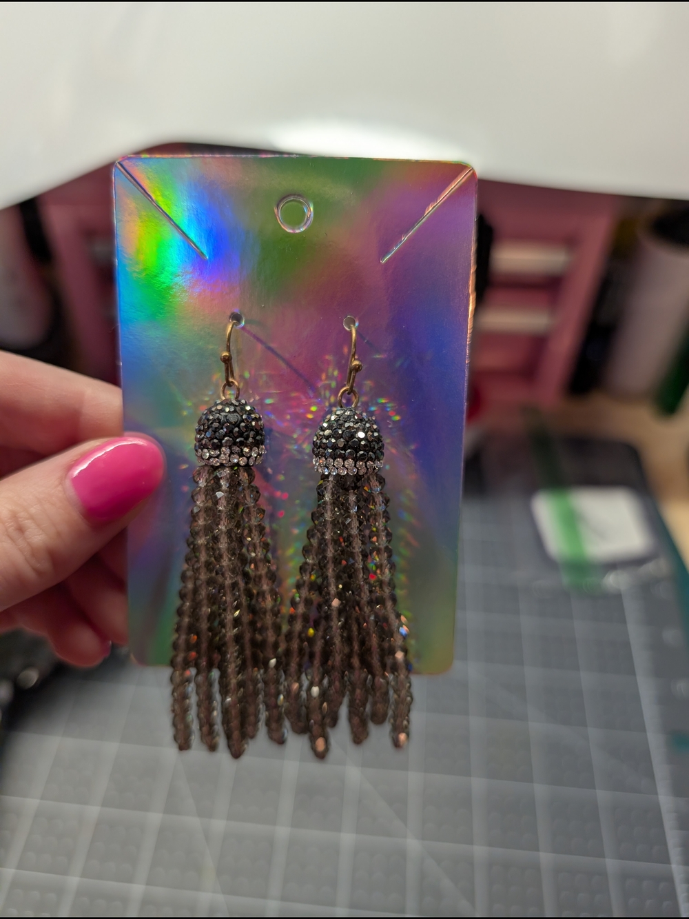 Dangle Tassel Crystal Earrings - Black